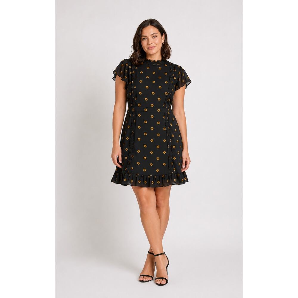 Adrianna Papell Black Yellow Floral Flutter Sleeve Dress Size 16 Romantic Whimsy